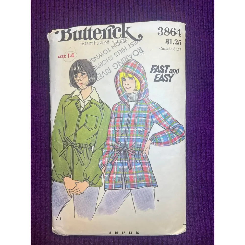 Butterick 3864 sewing pattern Jacket shacket hood 1980s size 14